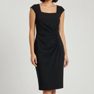 Calvin Klein Black Cap Sleeve Dress Knee Length Size 10 Square Neck Side Ruching